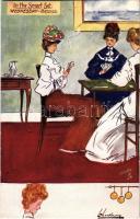 In the Smart Set, ladies playing Wednesday Bridge. Raphael Tuck &amp; Sons "Oilette" Remarque Postcard 9158. artist signed
