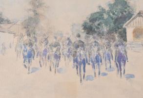 Lukachich jelzéssel (báró Lukachich Géza?): Lovaskatonák, 1930-as évek. Akvarell, papír. Üvegezett f...