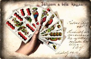 1899 'Játszom a béla kasszára' magyar kártyás képeslap; kiadja Ferenczi B. / Tell playing cards, litho (kopott sarkak / worn corners)