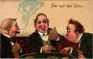 1909 Her mit der Zehn! Serie 9701. / Men playing cards. Emb. litho (EK)