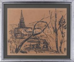 Perlrott Csaba jelzéssel: Táj. Szén, papír. Üvegezett fakeretben, 34,5×44,5 cm