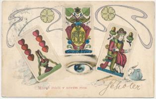 Mnoho Stestí v novém roce / Czech New Year greeting art postcard with Tell playing cards (fl)