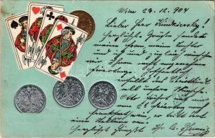 1904 French playing cards and Austro-Hungarian coins. R. Fischbach (Wien). Emb. (fl)