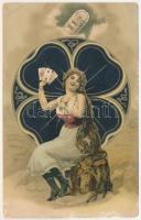 Kártyalap jósoló cigánylánnyal, bagollyal és csecsemővel / Playing cards with Gypsy fortune teller, an owl and baby. litho (b)