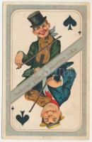 Srdecné prání k novému roku / New Year greetings art postcard, Spades French playing card with violinists (EB)