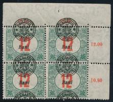 Nagyvárad 1919 Pirosszámú portó 12f ívszéli 4-es tömb eltolódott felülnyomással, Bodor vizsgálójellel