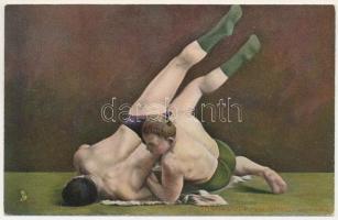 Ringkampf, überstürzen nach vorn. Raphael Tuck &amp; Sons "Oilette" Serie Ringkämpfer No. 360. / wrestling match, wrestlers