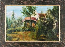 Plány E jelzéssel: Kert. Olaj, karton. Dekoratív fakeretben, 31,5×47,5 cm