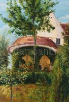 Plány E jelzéssel: Kert. Olaj, karton. Dekoratív fakeretben, 31,5×47,5 cm