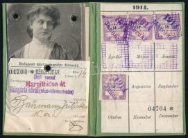 1914 A Budapesti Közúti Vaspálya Társaság (BKVT) fényképes bérletjegye a Déli Vasút - Hungária körút útvonalra, pecsételve, bélyegekkel, szép állapotban