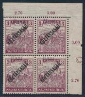 Nagyvárad 1919 Arató/Köztársaság 3f ívsarki 4-es tömb, ívszélen Holdacska jelzéssel, Bodor vizsgálójellel
