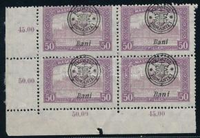 Nagyvárad 1919 Parlament 50f ívsarki 4-es tömb, a jobb alsó bélyegen "Ban i" tévnyomat, Bodor vizsgálójellel