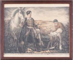 Hermann Lipót (1884-1972): "Társaim arczáról...", Petőfi-illusztráció, színezett rézkarc, papír, jelzett 27,5×38 cm. Üvegezett fakeretben.