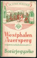 cca 1930 A Westphalen Auersperg Visontai Szőlőuradalom Rt. borárjegyzéke árakkal és eladási kimérésekkel, kétlapos karton pótárjegyzékkel, dekoratív címlappal, szép állapotban
