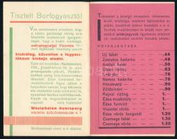 cca 1930 A Westphalen Auersperg Visontai Szőlőuradalom Rt. borárjegyzéke árakkal és eladási kimérése...