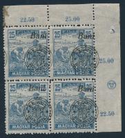 Nagyvárad 1919 Magyar Posta 25f ívsarki 4-es tömb, az ívszélen Napocska jelzéssel, Bodor vizsgálójellel (az ívszélen folt / spot on the margin)