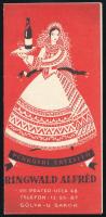 cca 1936 Bp. VIII. Préter utca 48., Ringwald Alfréd italkereskedő kétlapos reklámkartonja termékválasztékával, a címlapon dekoratív grafikájával, szép állapotban