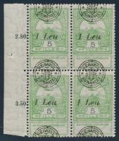 Nagyvárad 1919 Árvíz 5f ívszéli 4-es tömb eltolódott felülnyomással, Bodor vizsgálójellel