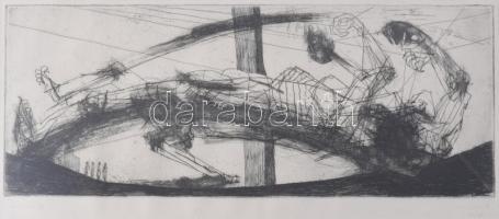 Kondor Béla (1931-1972): Auschwitz (Haláltábor), 1965. Rézkarc, papír, jelzett, 14,5x38,5 cm Üvegezett fakeretben. Kondor Béla a XX. századi magyar művészet egyik legmeghatározóbb, iskolateremtő alakja volt, aki festőként, grafikusként és költőként is maradandót alkotott. Rövid, de rendkívül intenzív pályafutása során egy teljesen egyéni, szimbolikus és látomásos képi világot hozott létre. Az Oswiecimi (Auschwitz lengyel neve) Állami Múzeum 1960-tól barakkokat kínált fel kiállítási pavilonként nemzeti kiállítások céljára. Az 1965-ös auschwitzi magyar kiállításhoz a Művelődésügyi Minisztérium egy képzőművészeti anyagot is rendelt. A projektet a Képző-és Iparművészeti Lektorátus irányította; nem volt idejük nyílt pályázat vagy meghívásos verseny kiírására, az alkotókat kijelölték, akik nem voltak irigylésre méltó helyzetben, hiszen 1964. december végén kapták a feladatot, és a kiállítás áprilisban nyílt meg. A legizgalmasabb, legérzékenyebb művek kétségkívül Kondor Béla munkái, aki az Auschwitz tematikát dolgozta ki (Appel, Muzsika, Parancs, Haláltábor) úgy, hogy szinte átélhető a néző számára. Kondor Béla alkotása ezen alkalomból készült és "Haláltábor" címen is ismert. Tudomásunk szerint korábban nem szerepelt árverésen. Rendkívül ritka, becses gyűjtői darab!
