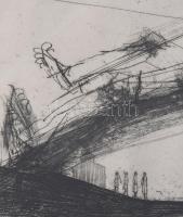 Kondor Béla (1931-1972): Auschwitz (Haláltábor), 1965. Rézkarc, papír, jelzett, 14,5x38,5 cm Üvegeze...