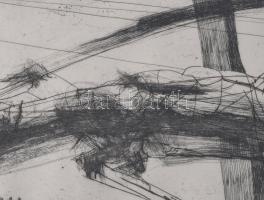 Kondor Béla (1931-1972): Auschwitz (Haláltábor), 1965. Rézkarc, papír, jelzett, 14,5x38,5 cm Üvegeze...