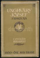1930 Unghváry József faiskolája (Cegléd-Bp.) főárjegyzék 1930. őszre - 1931. tavaszra. Bp., Athenaeum-ny., 75+[5] p. A borító Gönczi-Gebhardt Tibor munkája. Kiadói tűzött papírkötés, viseltes állapotban, sérült, különvált borítóval.