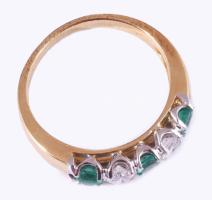 Arany (Au) gyűrű, 18k, benne 2 darab 0,2ct-os gyémánt és 3 darab cca 0,18ct-os smaragd, m: 54, jelze...