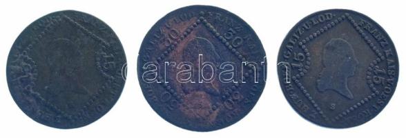 1807B 15kr Cu "I. Ferenc" + 1807S 15kr + 30kr Cu "I. Ferenc" Szomolnok T:VF patina Hungary 1807B 15 Kreuzers Cu "Franz I" + 1807S 15 Kreuzers + 30 Kreuzers Cu "Franz I" Smolnik C:VF patina