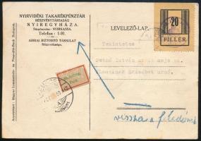 1945 Nyíregyháza I. 20f bélyeg levelezőlapon cenzúra bélyegzéssel, "Elköltözött" címkével visszaküldve a feladónak / 20f on censored postcard, returned "NYÍREGYHÁZA" - "KEMECSE" Certificate: Leitold