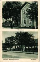 1942 Kőhídgyarmat, Kamenné Darmoty; vasútállomás, községháza. Fogyasztási szövetkezet kiadása / railway station, town hall + "LÉVA - PÁRKÁNY-NÁNA 88" vasúti mozgóposta bélyegző (fl)