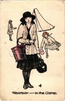 Táborban. Kiadja a Magyar Cserkészleány Szövetség / In the camp. Hungarian girl scout art postcard, artist signed (EB)