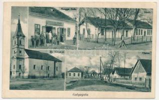 1938 Galgaguta, Evangélikus templom, iskola, Fő utca, Hangya szövetkezet üzlete és saját kiadása (ázott / wet damage)