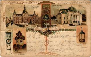 1903 Graz, Rathhaus, Stadttheater, Schlossberg Uhrthurm, Landhaus Brunnen. Lith. Kunstanstalt August Matthey / town hall, clock tower, theatre, fountain. Art Nouveau, Emb. litho (creases)