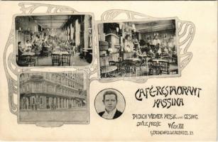 Wien, Vienna, Bécs; Café Restaurant Kassina. "Taglich Wiener Musik und Gesang. Civile Preise" Lerchenfeldergürtel 53. / café and restaurant advertisement, interiors with guests and waiters. Art Nouveau