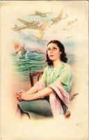 Italian military aircraft and navy art postcard with lady (gyűrődések / creases)