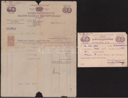 1938 Balatoni Halászati Rt. fejléces számla, levelezőlap és borítékok, 4 db, sérülésekkel