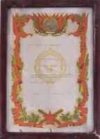1952 Bp., Honvéd "Kossuth" Tüzér Tiszti Iskola dicsérő oklevele Király Miklósné részére ,,épületkarbantartás terén végzett kiemelkedő és lelkiismeretes munkájáért", halvány aláírásokkal, üvegezett keretben, foltos, viseltes állapotban, külső méret: 38,5x28 cm