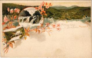 Plitvicka Jezera / Plitvicei tavak. Ezredéves Országos Kiállítás. Posner / Plitvice Lakes. Hungarian Millennium Exhibition. Art Nouveau, floral, litho s: Cserna K. + barna 2 Kr. Ga. (EK)