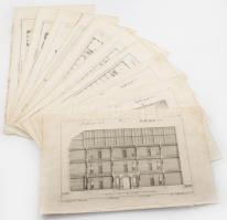 Martin Engelbrecht - Alexander Gläser, Augusta Vindel: kastélyok, épületek Vegyes építészeti metszetek. ca 1730 10 db Rézmetszet. / Architectural plans of different castles and buildings. Engravings 10 pcs 39x24 cm