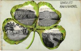 Nagyvárad, Oradea; Ferenc József laktanya, M. kir. honvéd hadapród iskola, M. kir. honvéd huszár laktanya, Fő utca. Színházi tőzsde kiadása, szecessziós lóherés montázs / K.u.K. military barracks, main street. Art Nouveau litho montage with clover (EB)