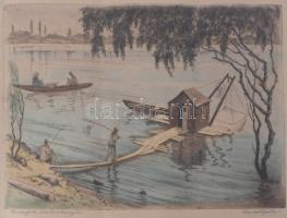 Conrad Gyula (1877-1959): Budafoki halászkunyhó. Színezett rézkarc, papír, jelzett, üvegezett fakeretben, 27,5x36 cm