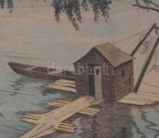 Conrad Gyula (1877-1959): Budafoki halászkunyhó. Színezett rézkarc, papír, jelzett, üvegezett fakere...