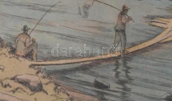 Conrad Gyula (1877-1959): Budafoki halászkunyhó. Színezett rézkarc, papír, jelzett, üvegezett fakere...