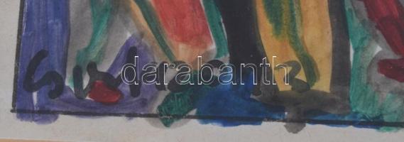 Csepeli Németh Miklós (1934-2012): Színes társaság, 1992. Akvarell, papír, jelzett, üvegezett fakere...