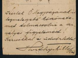 cca 1915 Horthy Miklós (1868-1957) által Schütz Ernő m. k. főhadnagynak küldött saját kézzel írt és ...