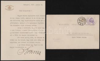 1936 Bp., vitéz leveldi Kozma Miklós (1884-1941) politikus, az MTI elnöke, belügyminiszter (1935-1937) autográf aláírásával ellátott, gépelt köszönő levele egy iskolás kislány részére, eredeti borítékkal