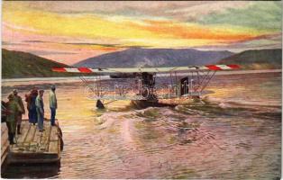 Weltkrieg 1914-1916. Österr.-ung. Hydroplan im Aufsteigen begriffen auf dem südlichen Kriegsschauplatz. K.u.K. Kriegsmarine Seeflugzeug / Osztrák-magyar vízi repülőgép (hidroplán) felszállása a déli hadszíntéren / WWI Austro-Hungarian Navy seaplane (hydroplane), naval aircraft takes off