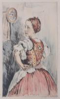 Prihoda István (1891-1965): Lány népviseletben. Színezett rézkarc, papír, jelzett, apró foltokkal, üvegezett fakeretben, 41×29 cm