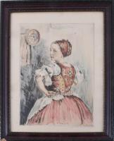 Prihoda István (1891-1965): Lány népviseletben. Színezett rézkarc, papír, jelzett, apró foltokkal, ü...