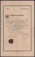 1920 Bp., vasúti tisztképző tanfolyam képesítő bizonyítványa Méhely Pál (1848-?) MÁV felügyelő, tanár és Barthos Andor (1865-?) igazgató aláírásával, 5K okmánybélyeggel, sérült viaszpecséttel